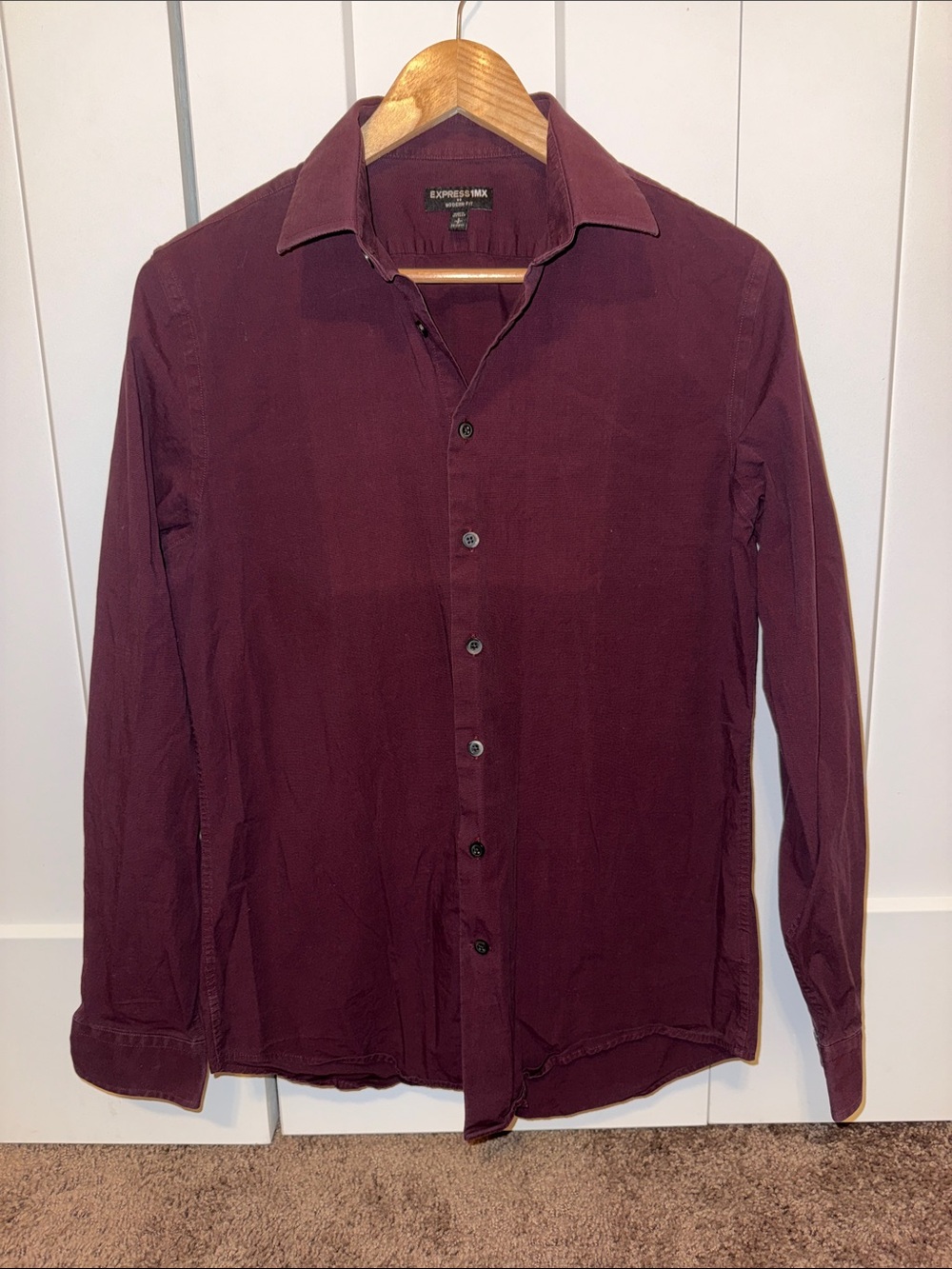 Express Men's Burgundy Long-Sleeve Button-Down Shirt
